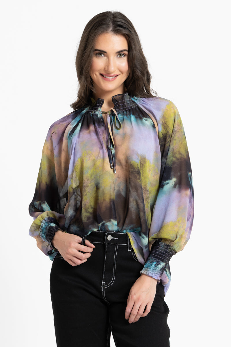 Leila + Luca Encourage Top in Galaxy floral print front view