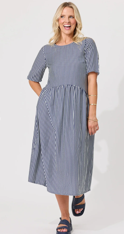 Lemon Tree Madonna Dress in Navy Stripe front view featuring midi length and short sleeves.