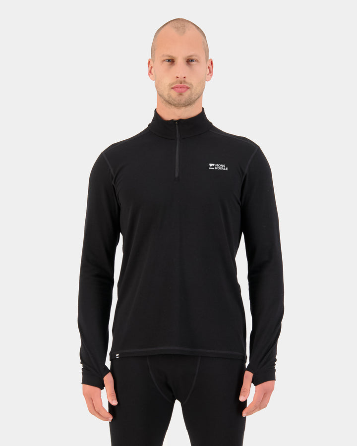 Mons Royale Mens Cascade Merino Base Layer 1/4 Zip Black front view