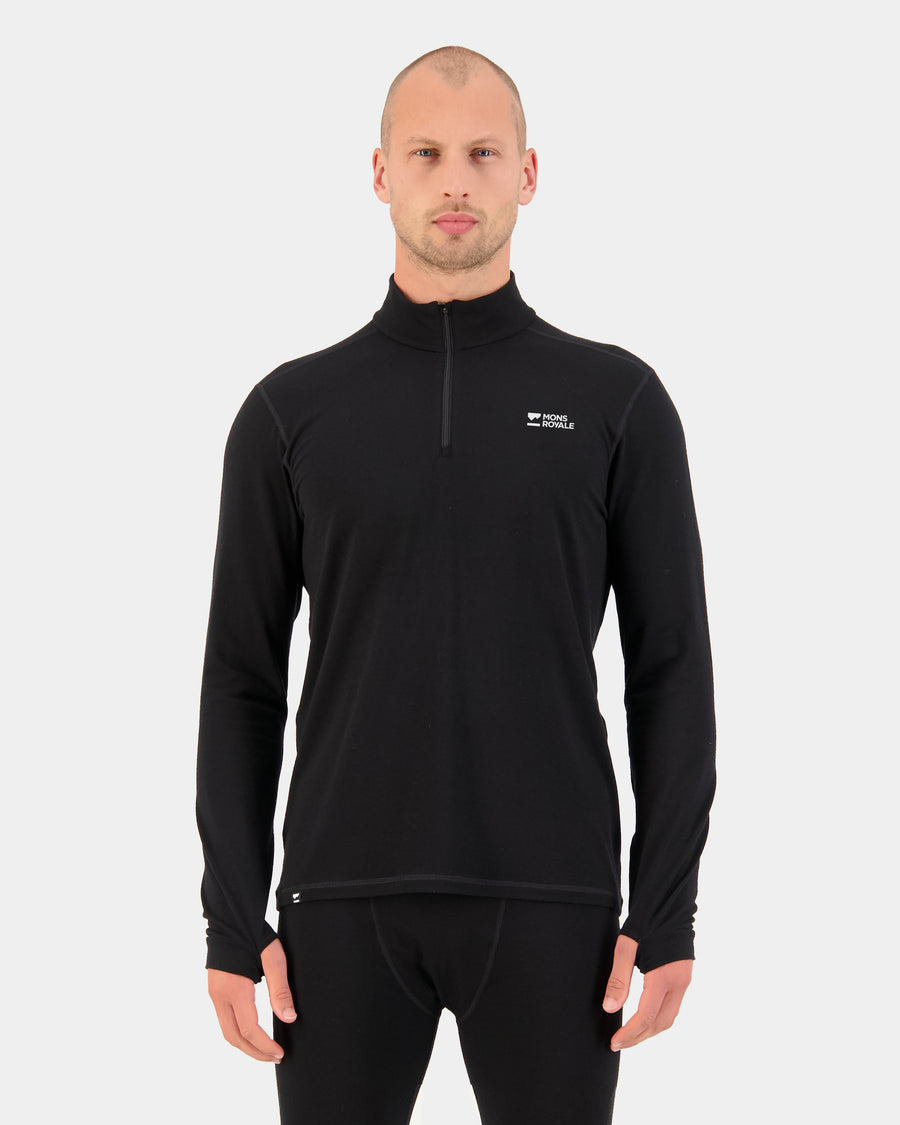 Mons Royale Mens Cascade Merino Base Layer 1/4 Zip Black front view