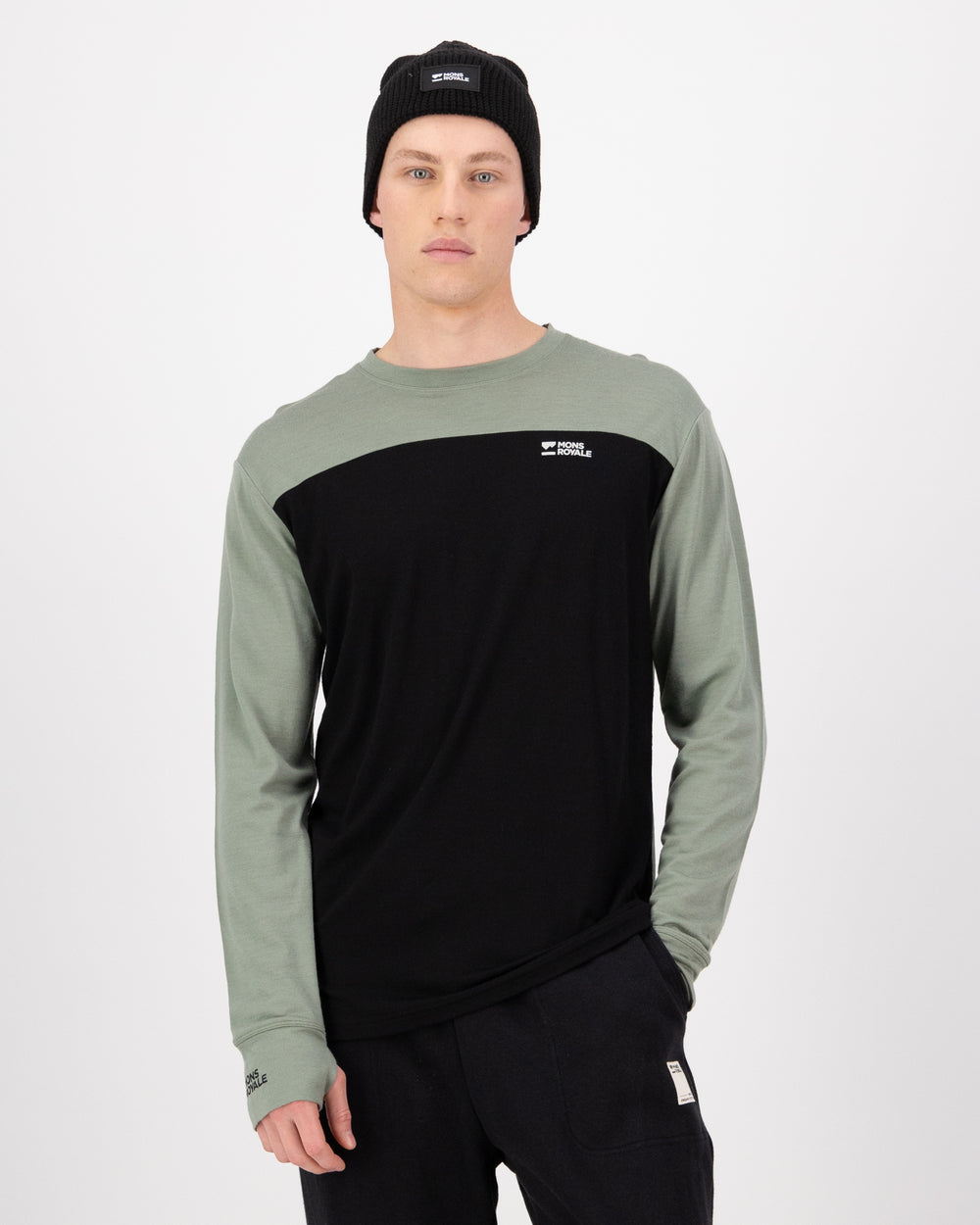 Mons Royale Men's Yotei Merino L/S Willow Black front view