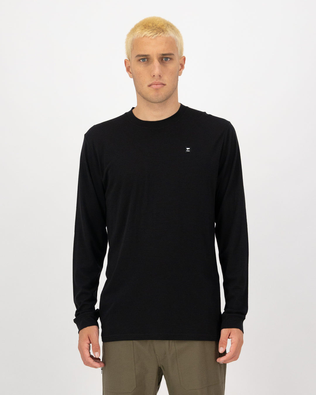 Alt Text: Mons Royale Mens Icon Merino Classic Long Sleeve in Black, front view