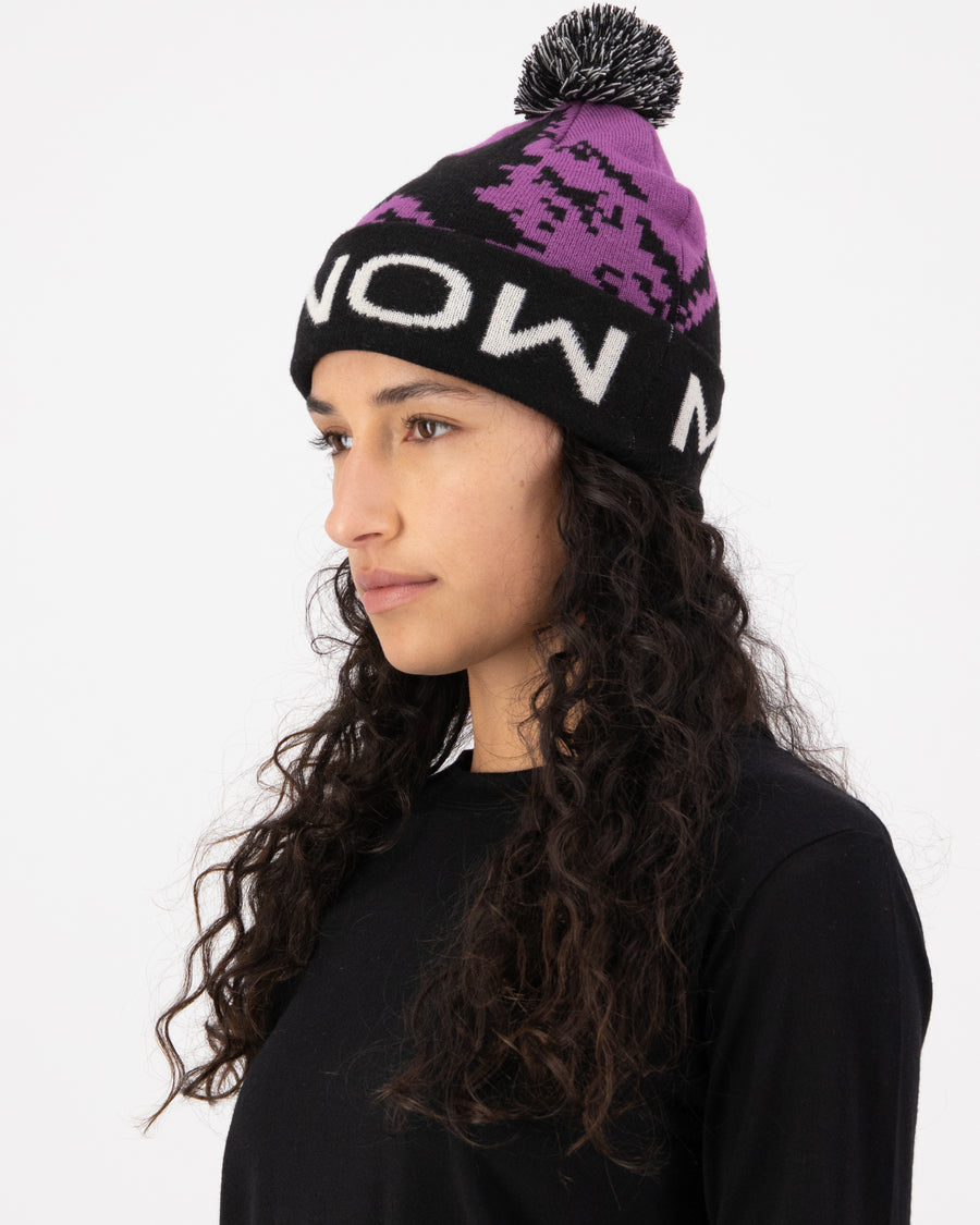 Mons Royale Mtn Pixel Merino Pom Pom Beanie Purple Bolt Black front view