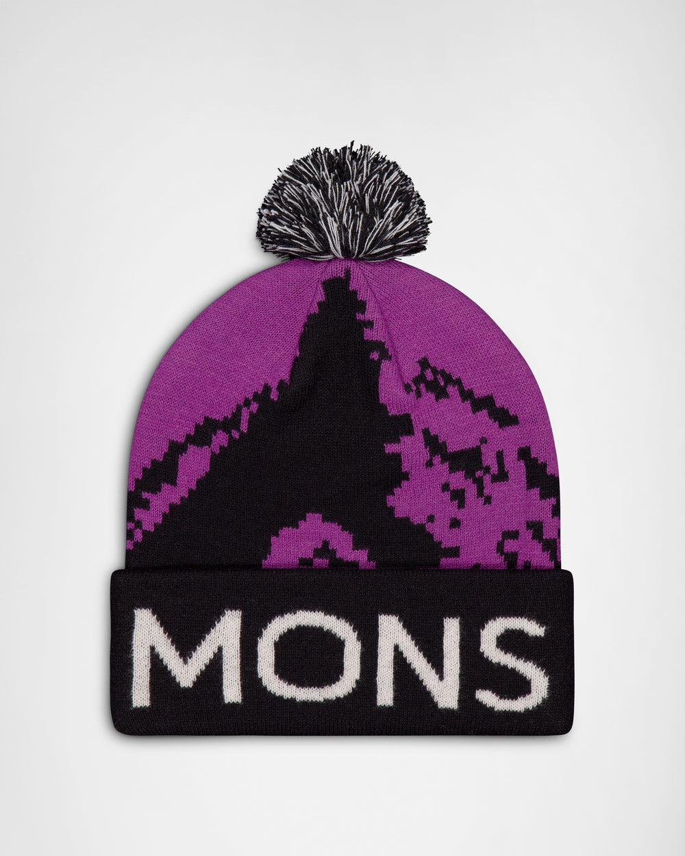 Mons Royale Mtn Pixel Merino Pom Pom Beanie Purple Bolt Black front view