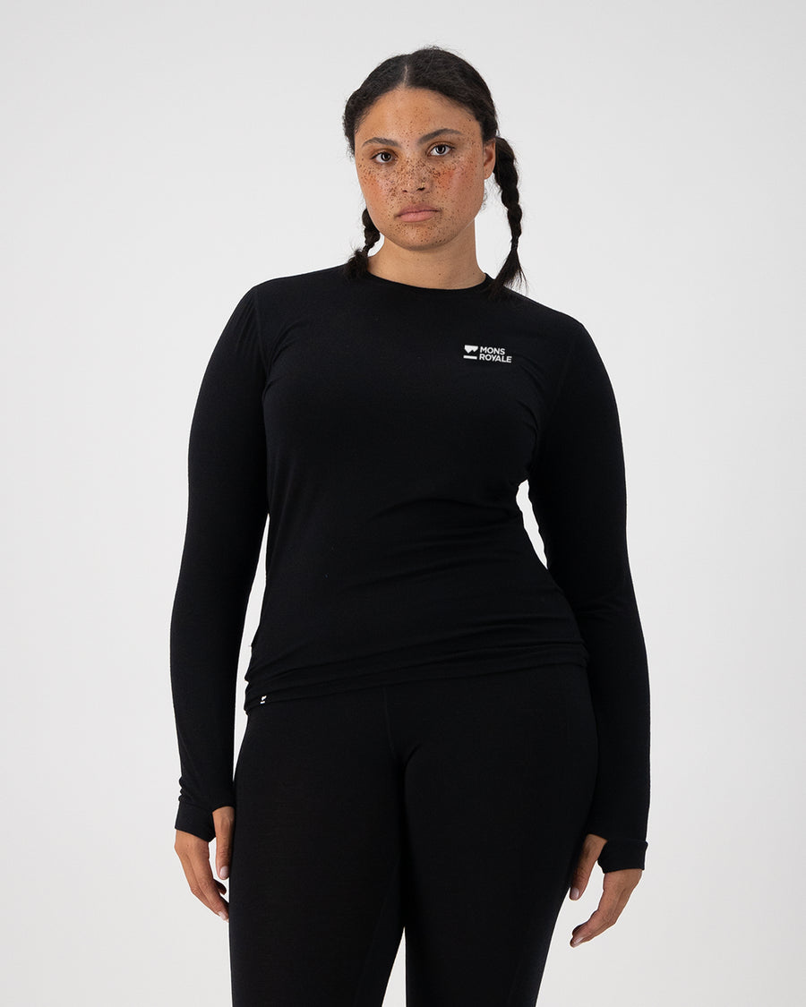Mons Royale Womens Cascade Merino Base Layer Black front view