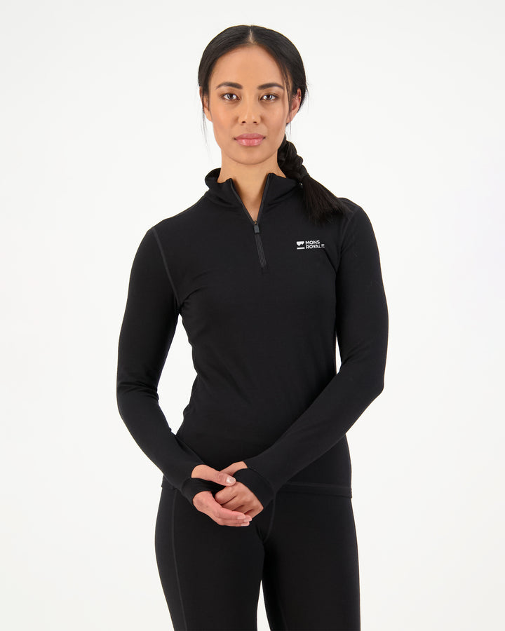 Mons Royale Women's Cascade Merino Base Layer 1/4 Zip Black front view