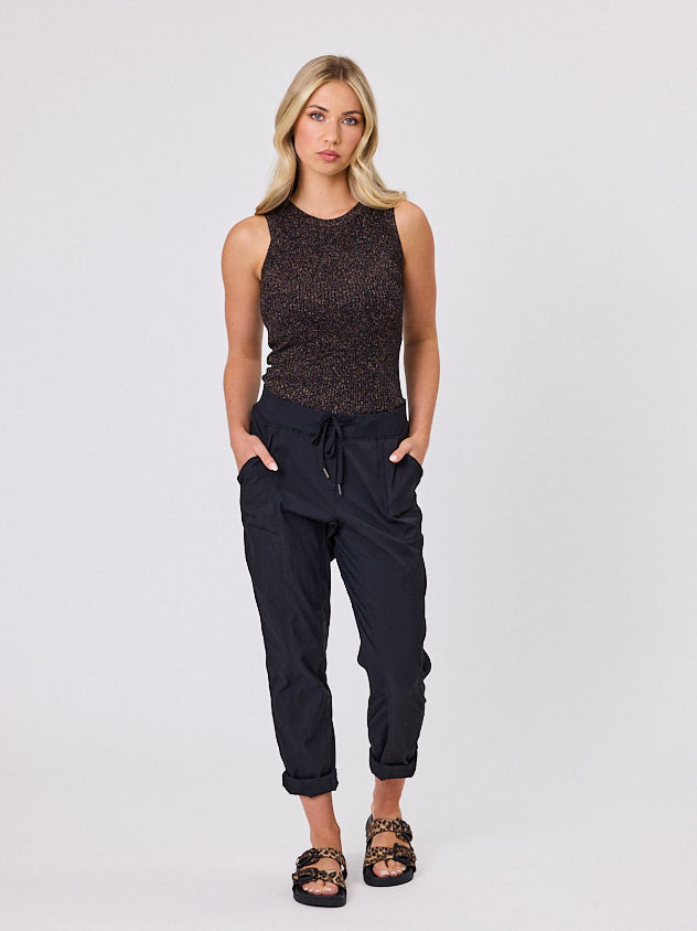 Navy & Co Voyage Pant in Black with drawcord waistband, front view