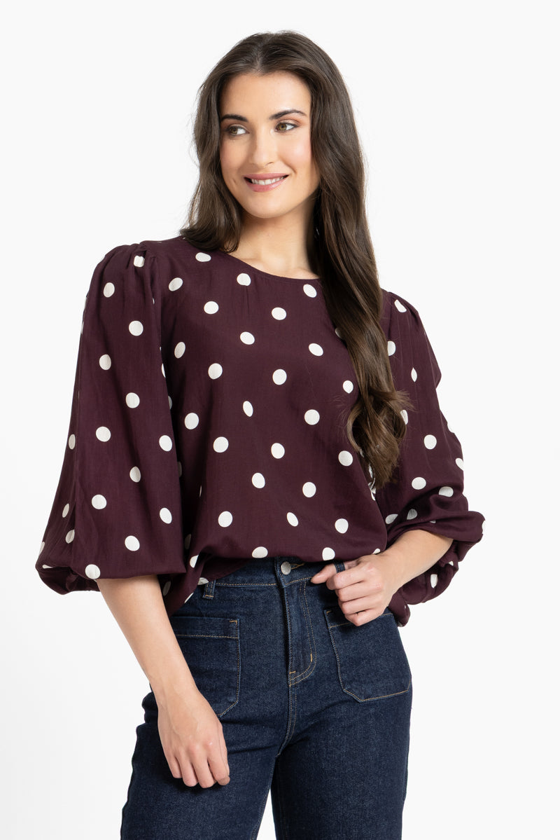 Seeking Lola Brilliance Blouse in Affogato Spot polka dot print front view