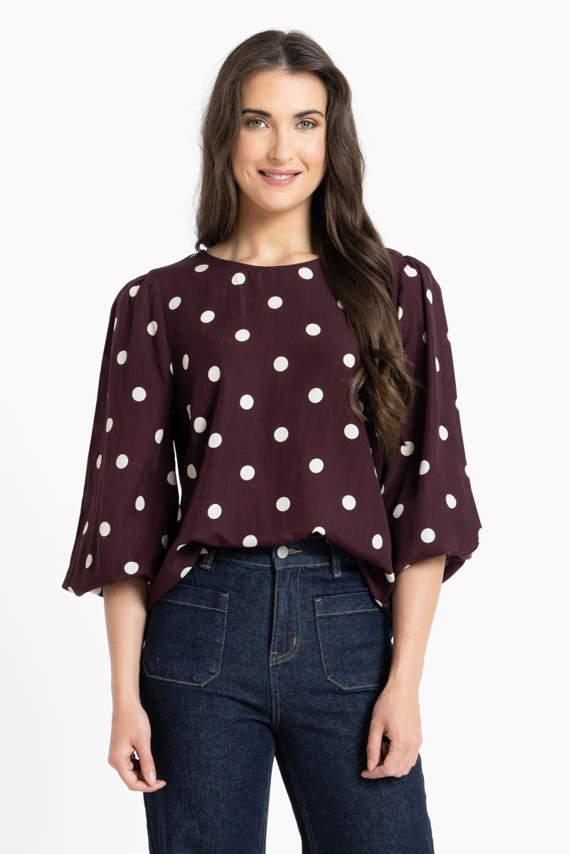 Seeking Lola Brilliance Blouse in Affogato Spot polka dot print front view