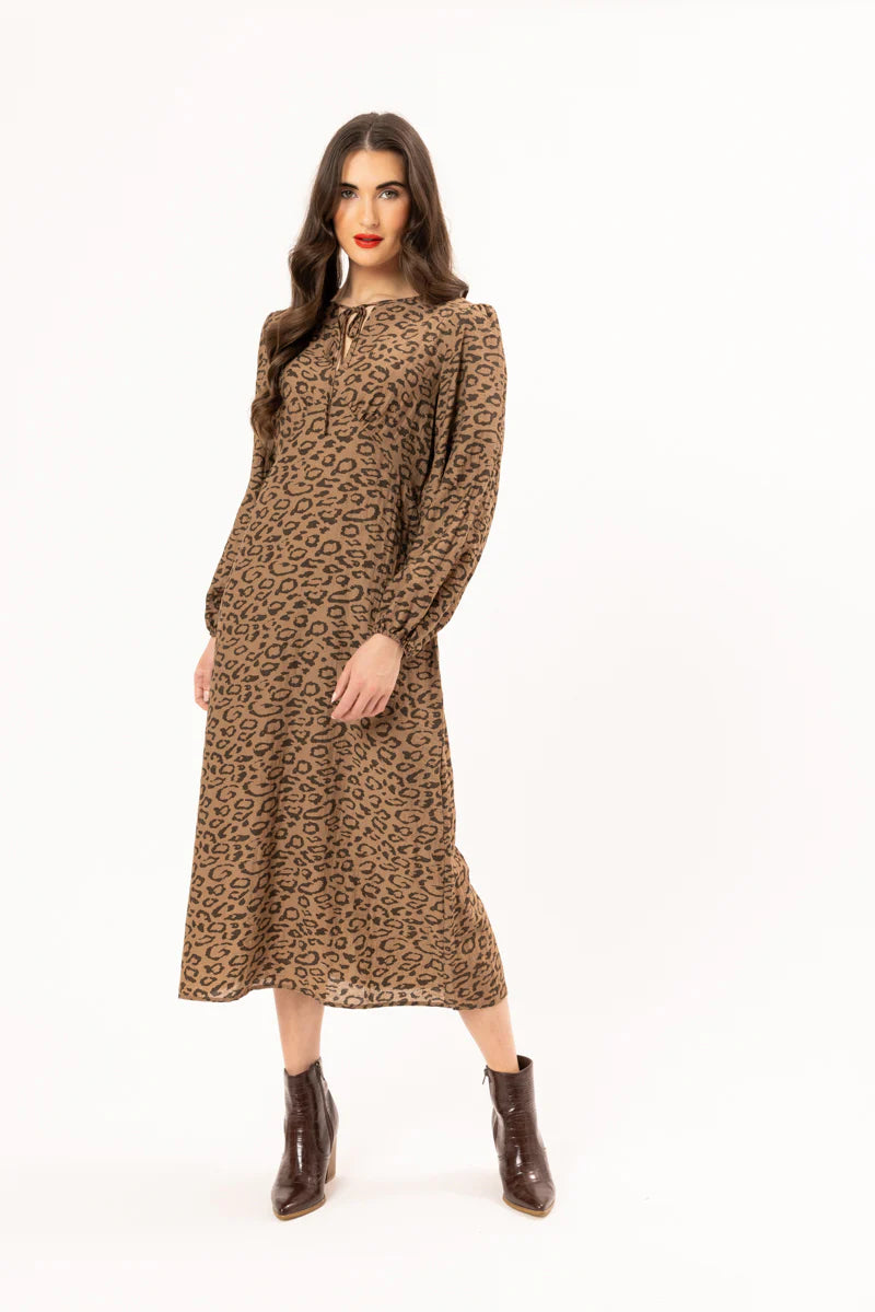 Seeking Lola Elegant Dress in Oak Cheetah front view