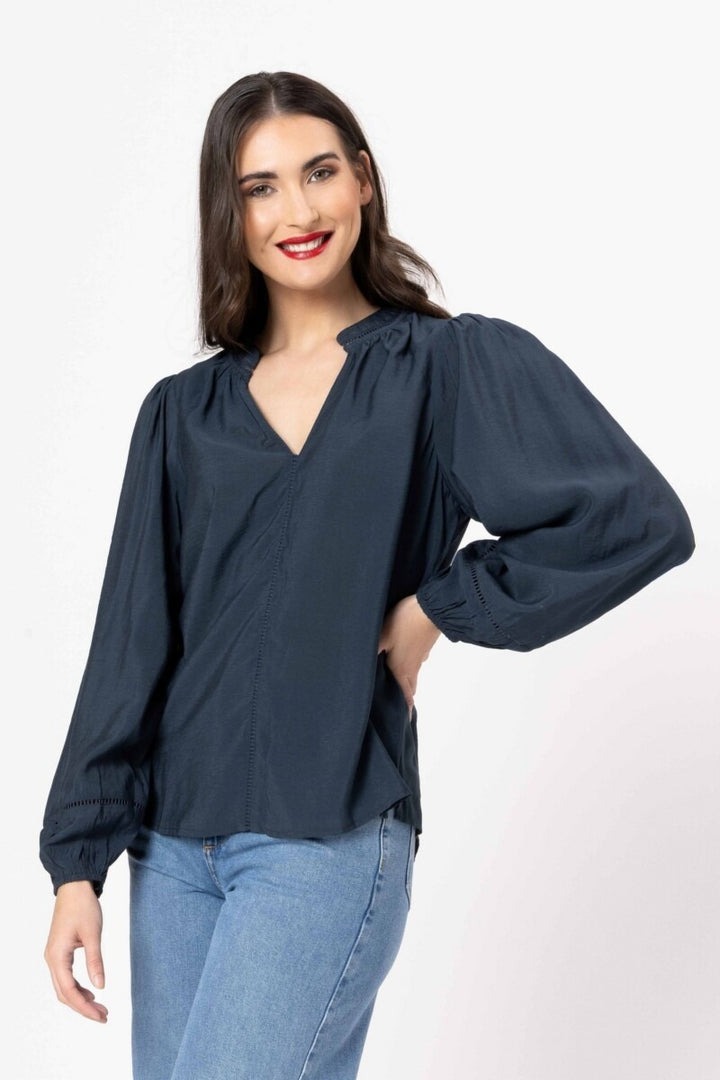 Seeking Lola Sylvie Top in Steel Navy front view