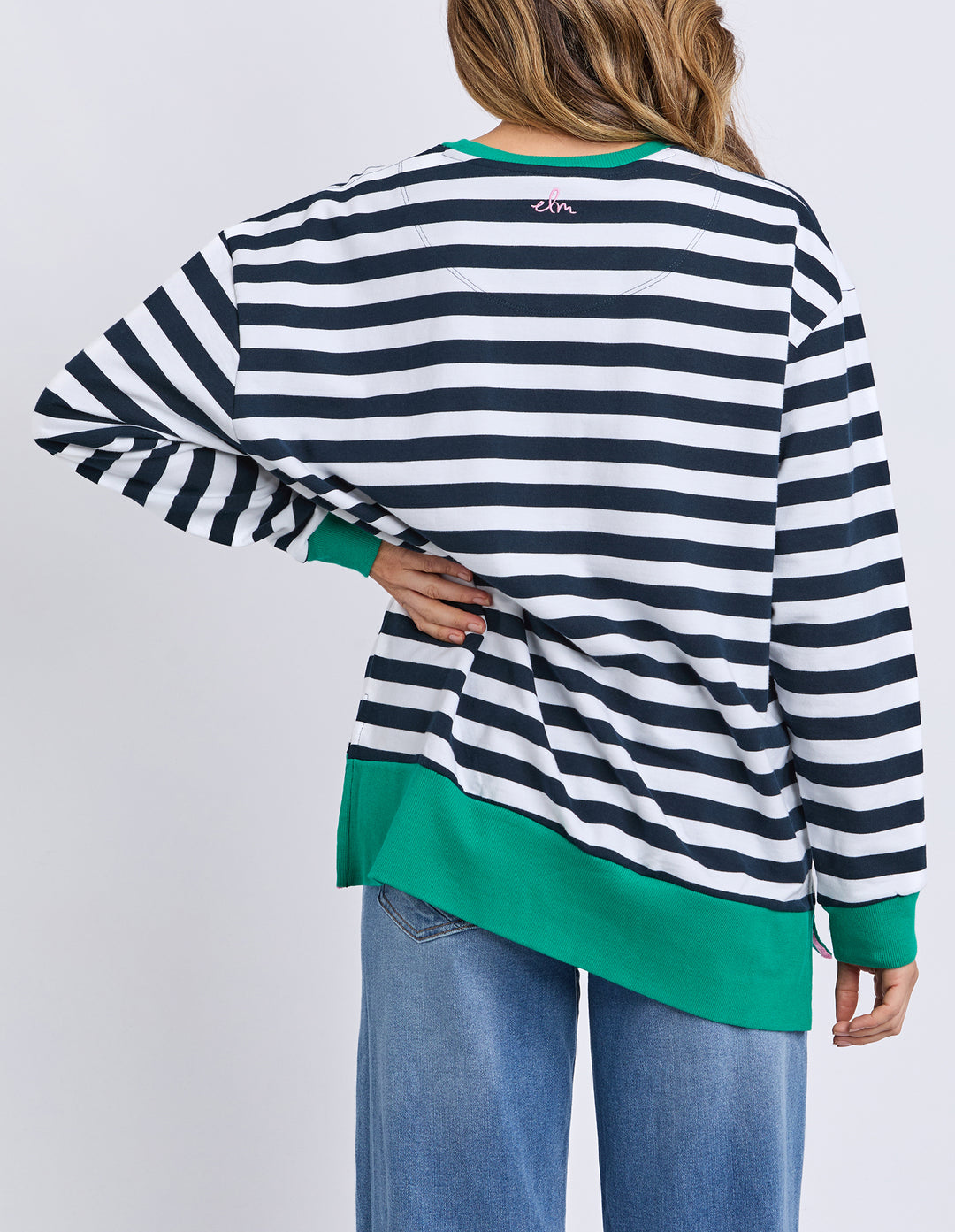 Elm Maps Crew Navy White Stripe ba three-quarter view.k