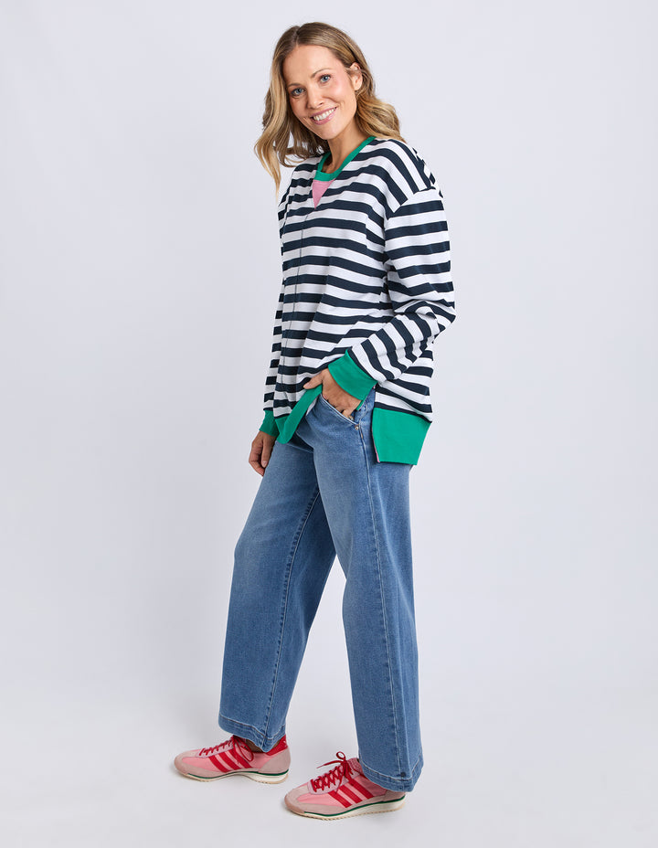 Elm Maps Crew Navy White Stripe front three-quarter view.