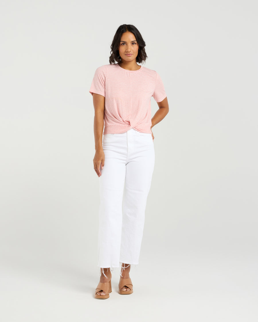 Et Alia Twist tee Candy Stripe soft cotton blend rib knit front view.