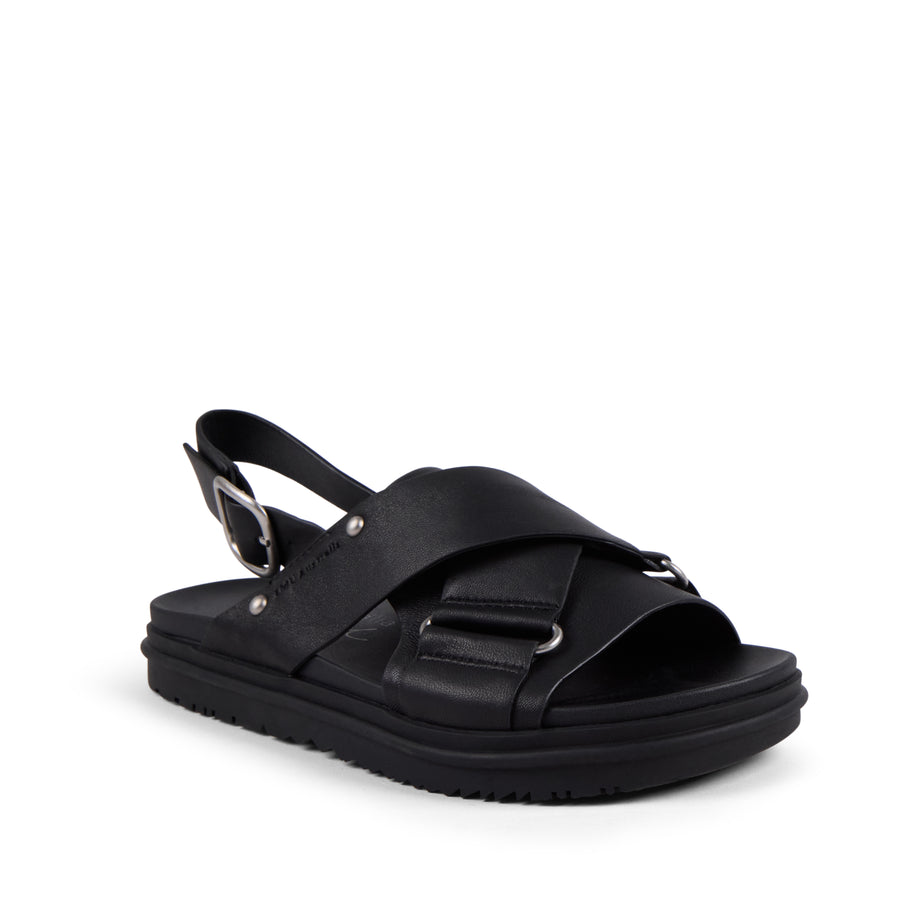 EMU Australia Faye Black leather crossover buckle sandal side view.