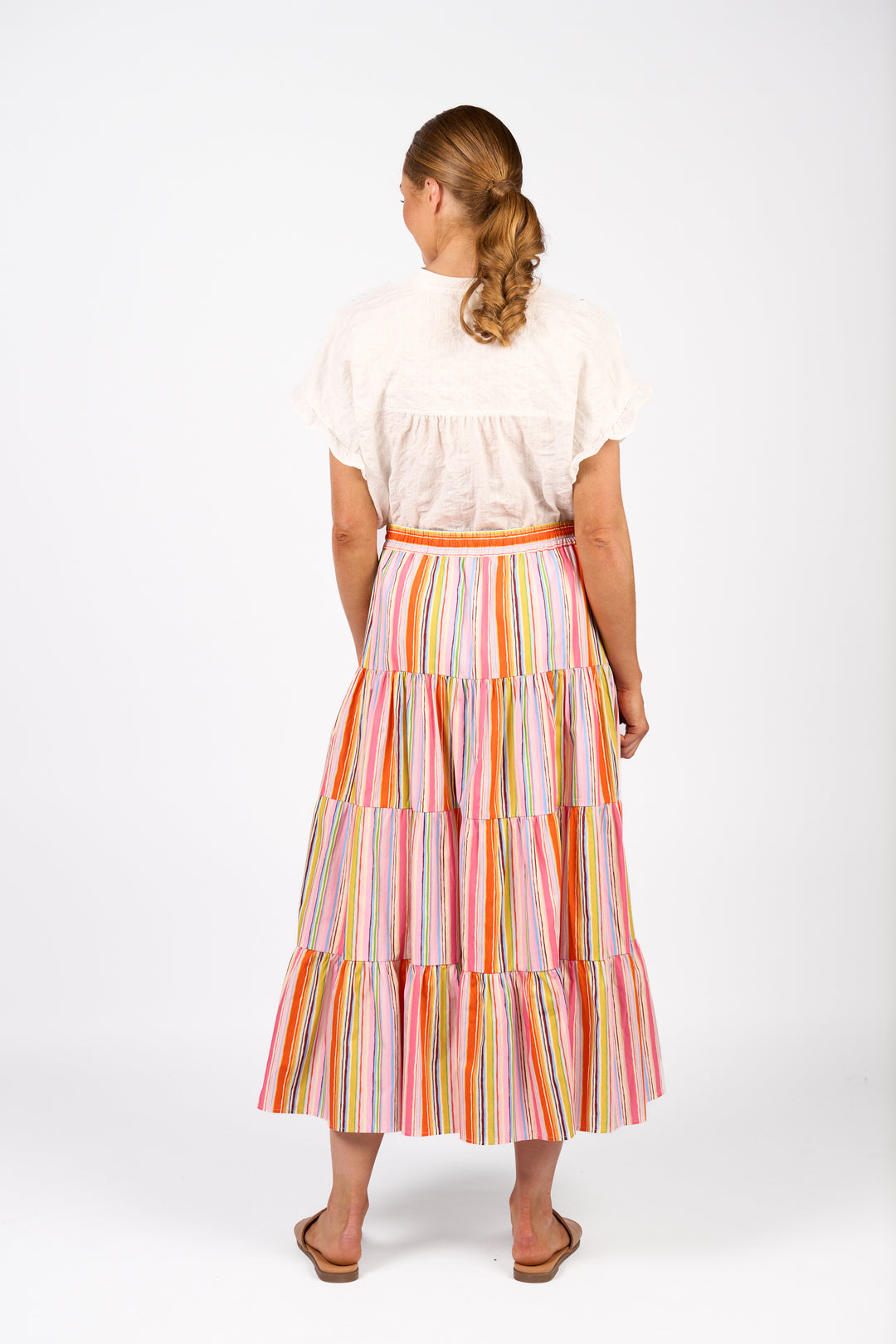 KNEWE Kaia 4-tiered flare skirt Bonbon colorful stripe back view.