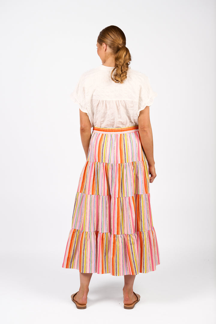 KNEWE Kaia 4-tiered flare skirt Bonbon colorful stripe back view.