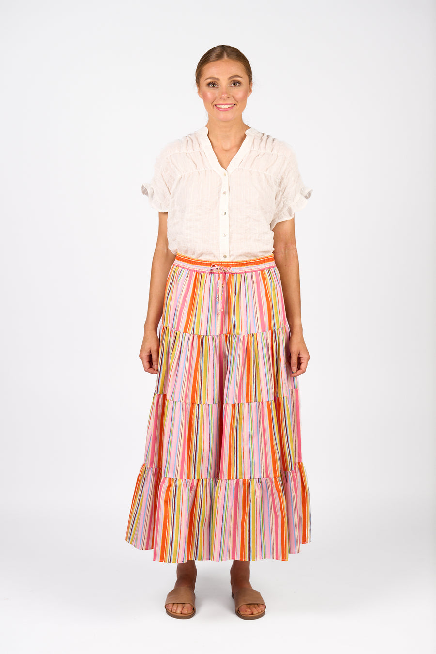 KNEWE Kaia 4-tiered flare skirt Bonbon colorful stripe front view.