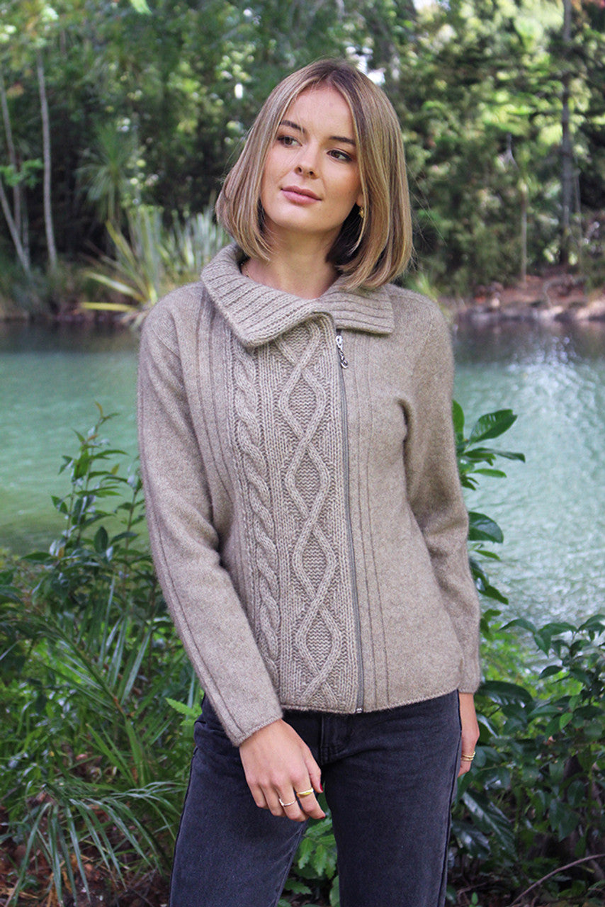 Lothlorian Merino - Possum Offset Cable Jacket beige cable knit sweater 