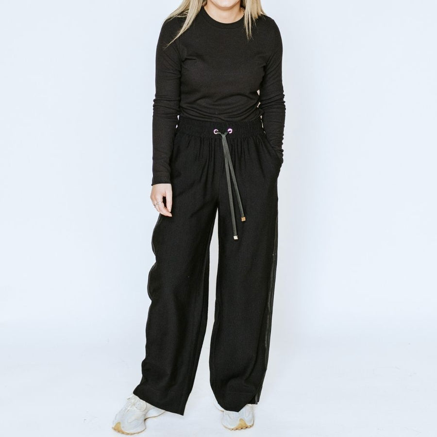 Moke | Indiana Wide Leg Pants - Black with Satin Stripe