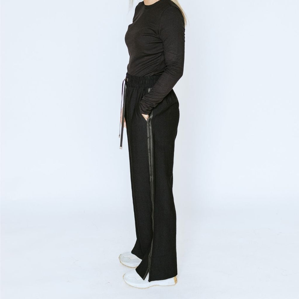 Moke | Indiana Wide Leg Pants - Black with Satin Stripe - Side View