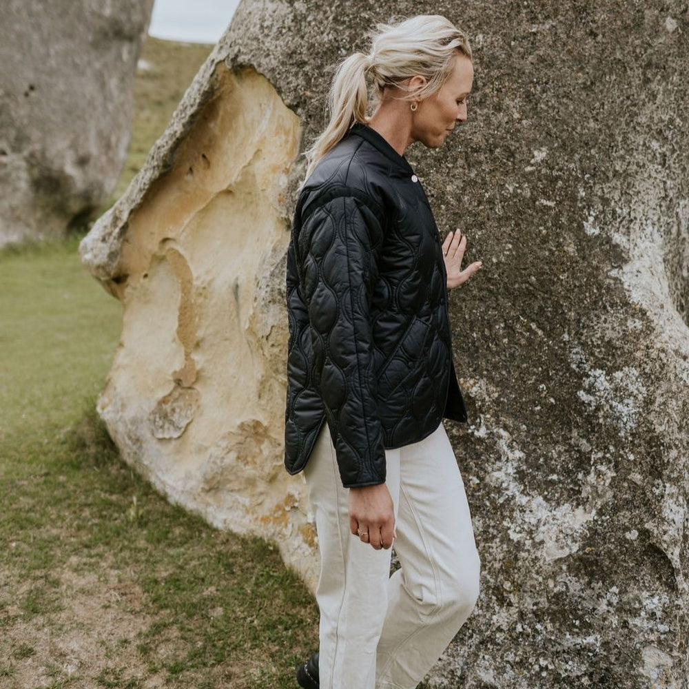 Moke | Talei Quilt Bomber Jacket - Black - Side View