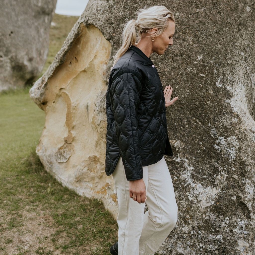 Moke | Talei Quilt Bomber Jacket - Black - Side View
