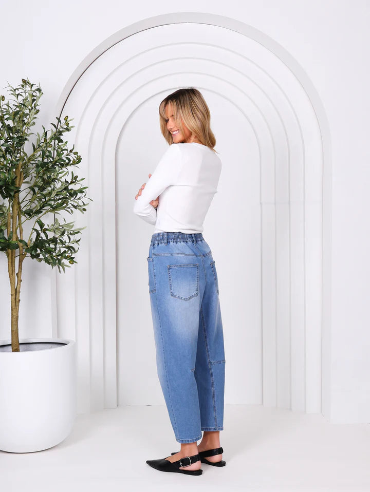 Monaco Leo barrel jeans blue soft stretch denim back view.