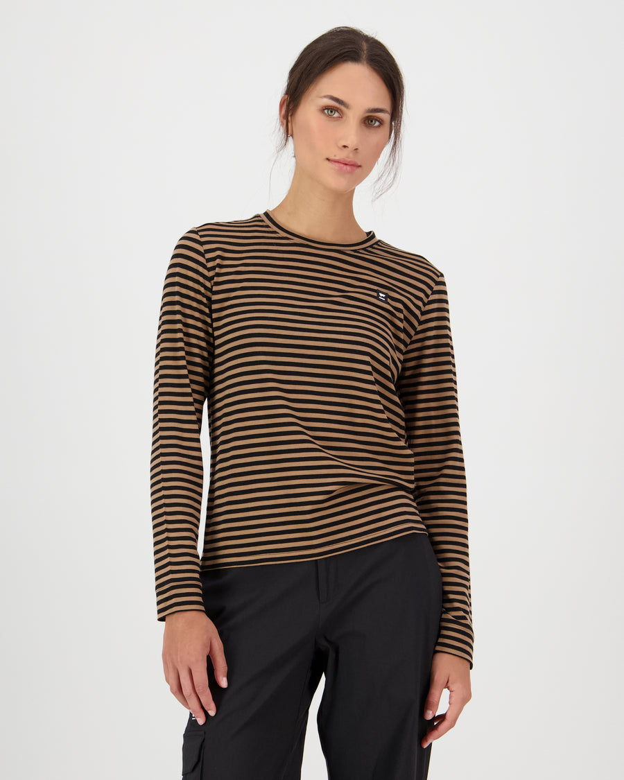 Mons Royale Women's Icon Merino Long Sleeve Shirt in Stripe Toffee