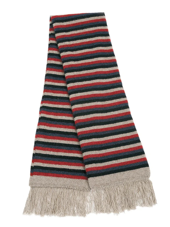Striped scarf with red, blue, and beige colors on a white background
