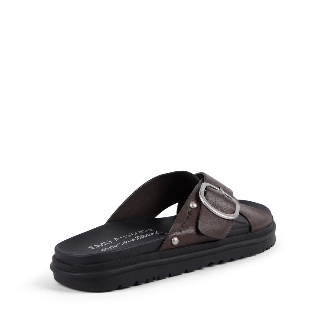 EMU Australia Ebony espresso brown leather crossover buckle slide sandal back view.