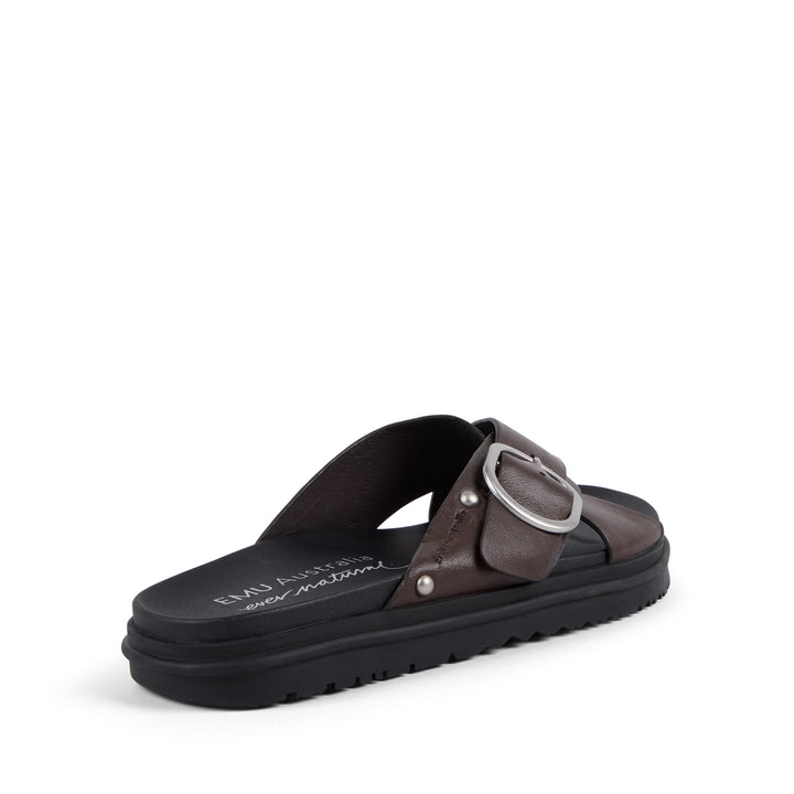 EMU Australia Ebony espresso brown leather crossover buckle slide sandal back view.