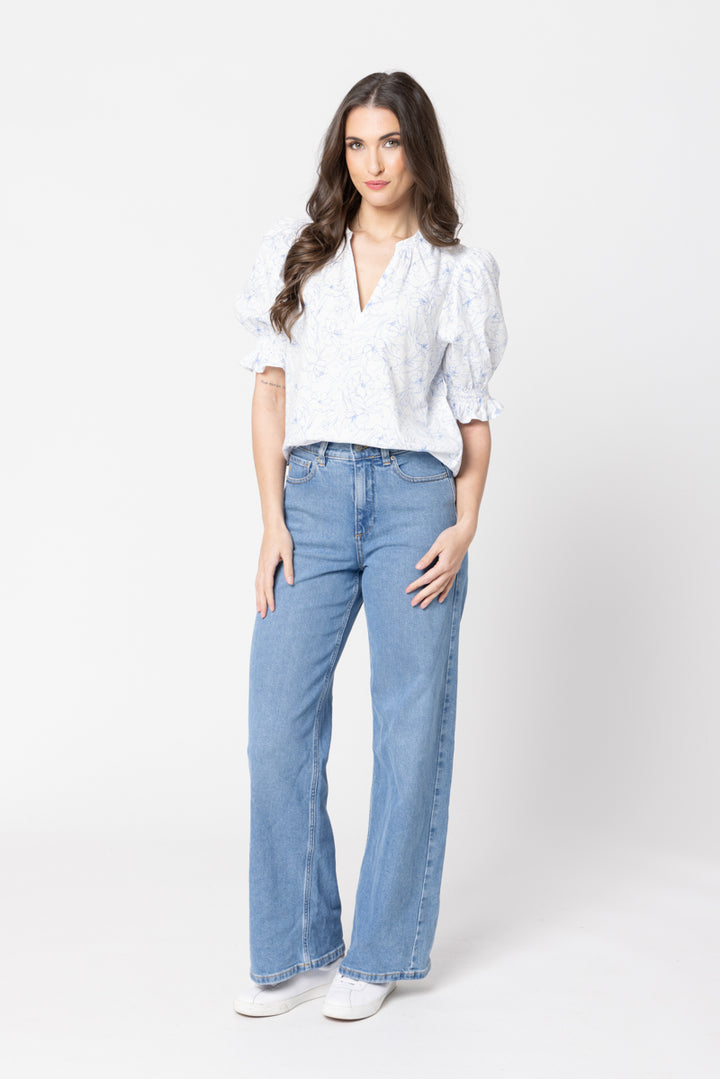 Relaxed Butterfly Top Blue Floral Sketch