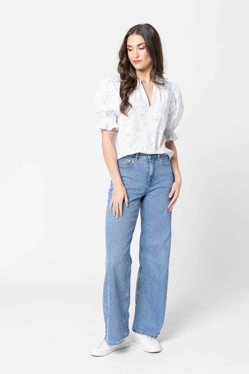 Relaxed Butterfly Top Blue Floral Sketch