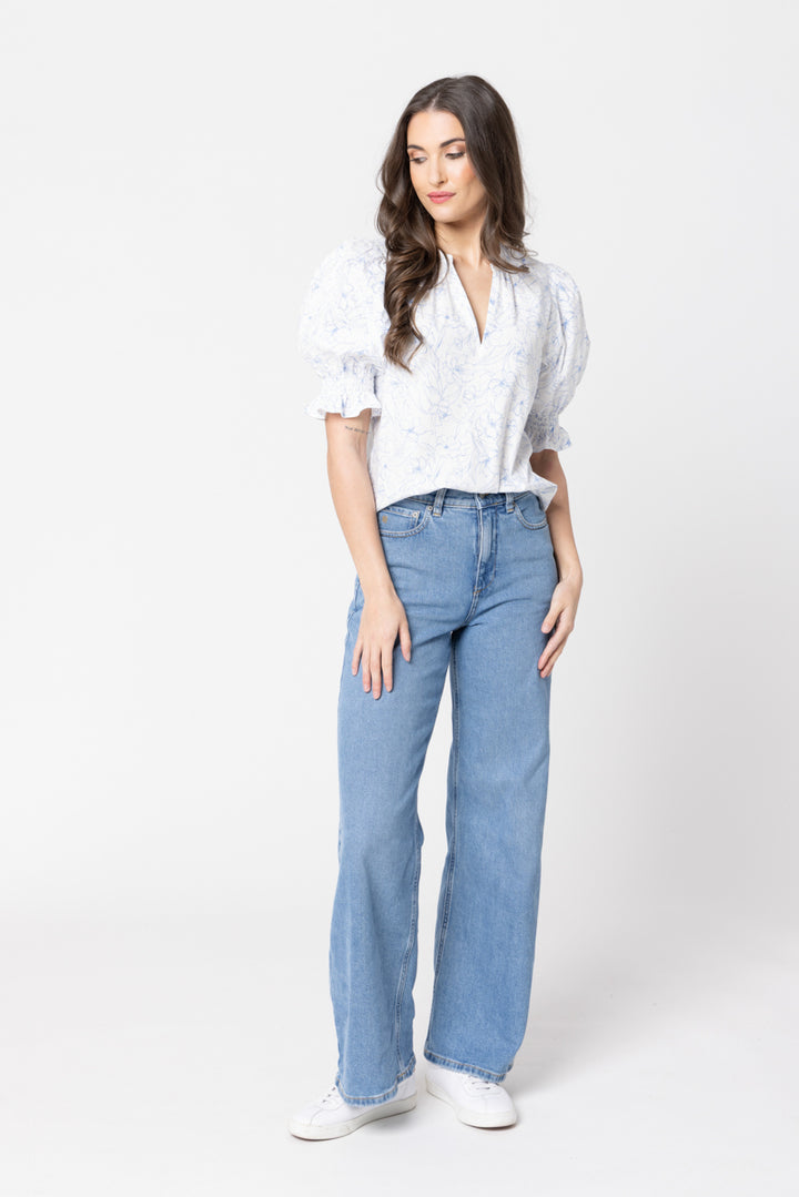 Relaxed Butterfly Top Blue Floral Sketch