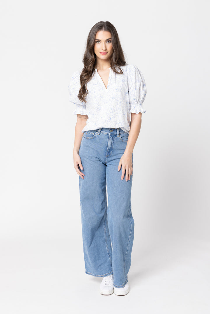 Relaxed Butterfly Top Blue Floral Sketch