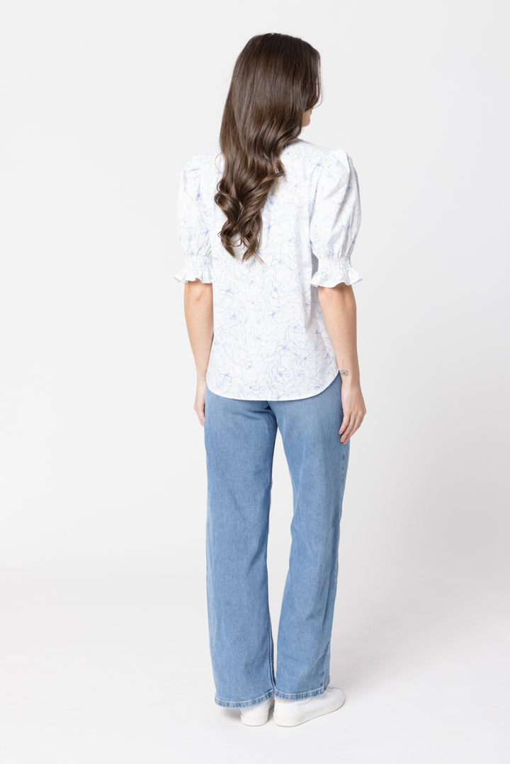 Relaxed Butterfly Top Blue Floral Sketch