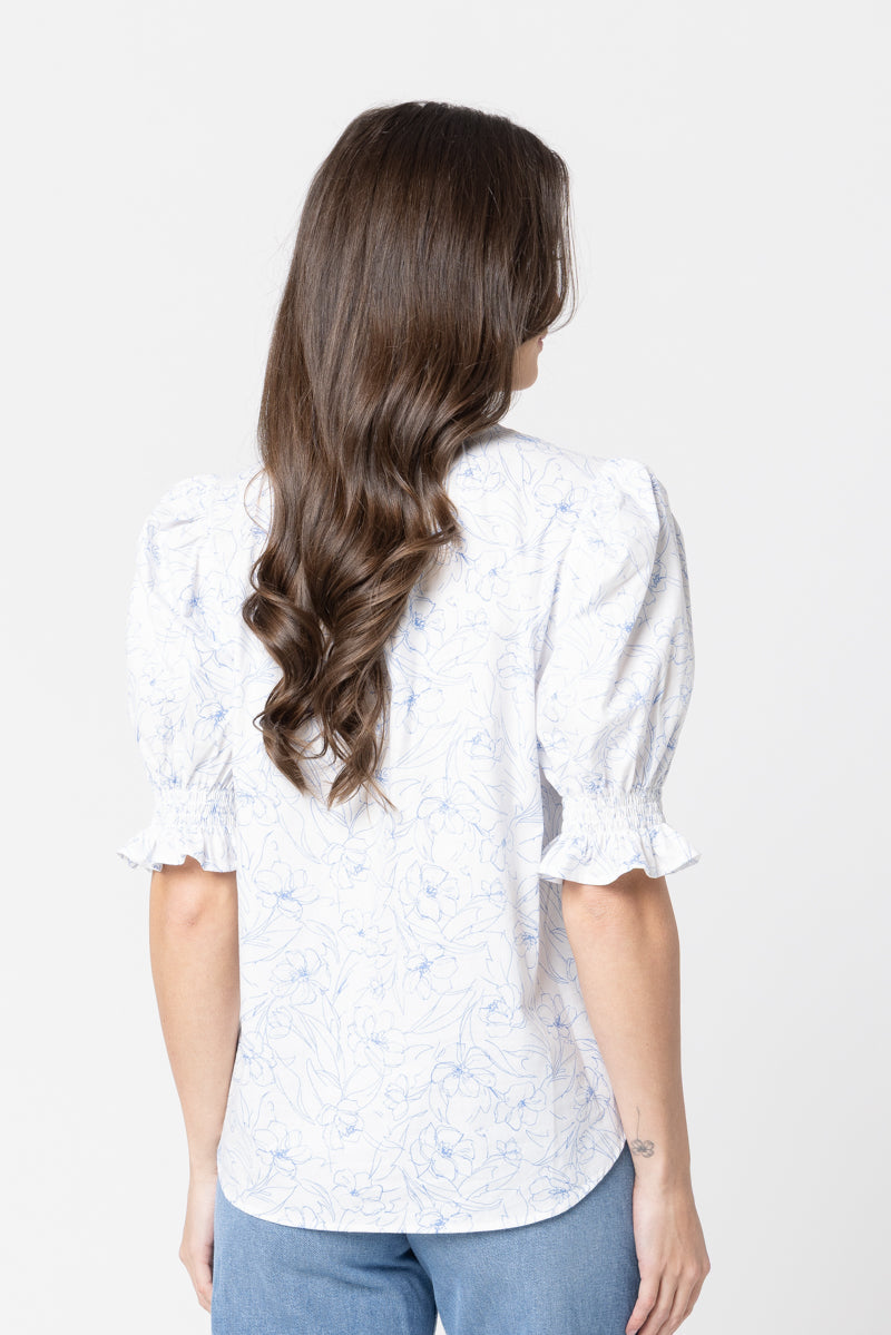 Relaxed Butterfly Top Blue Floral Sketch