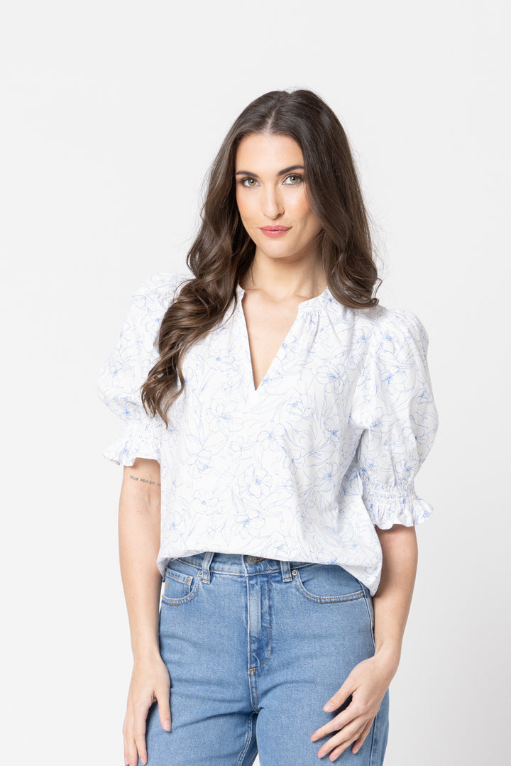 Relaxed Butterfly Top Blue Floral Sketch