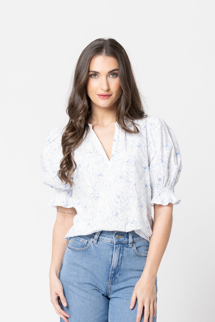 Relaxed Butterfly Top Blue Floral Sketch