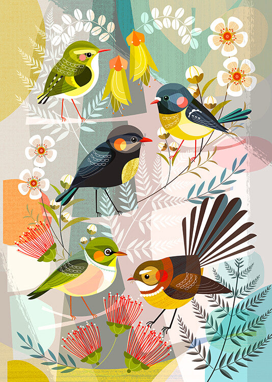 NZ Mini Birds in White frame