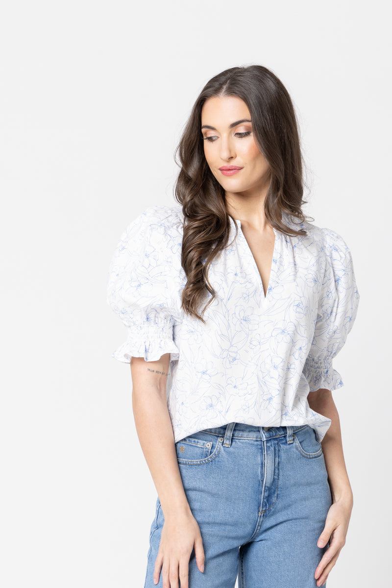 Seeking Lola | Relaxed Butterfly Top - Blue Floral Sketch - Angle 