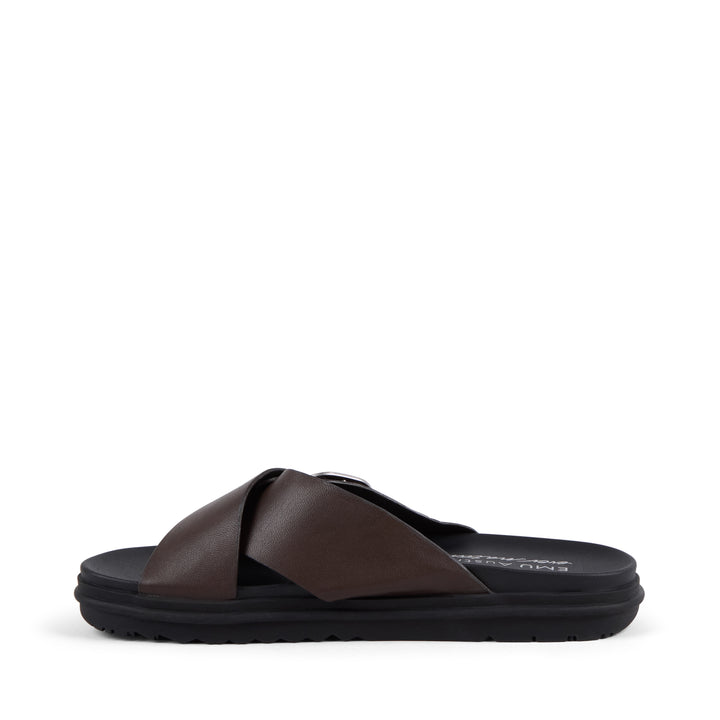 EMU Australia Ebony espresso brown leather crossover buckle slide sandal side view.