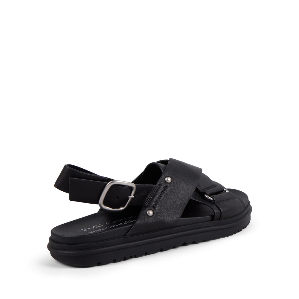 EMU Australia Faye Black leather crossover buckle sandal side view.