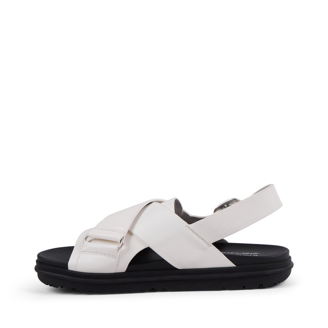 EMU Australia Faye Coconut white leather crossover buckle sandal side view.