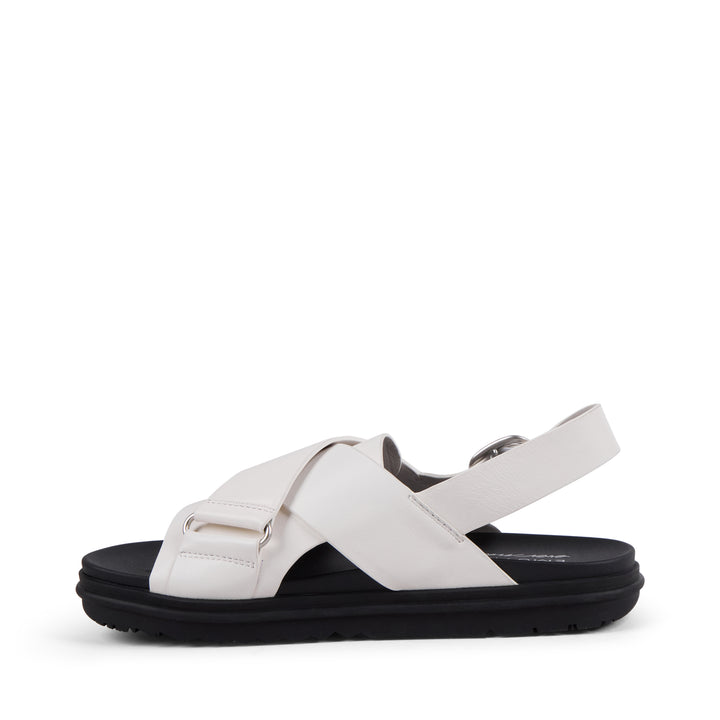 EMU Australia Faye Coconut white leather crossover buckle sandal side view.