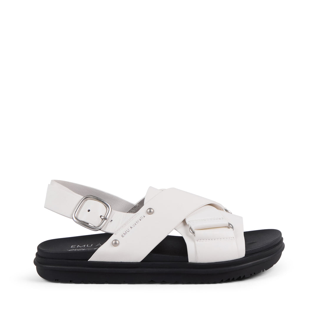 EMU Australia Faye Coconut white leather crossover buckle sandal side view.
