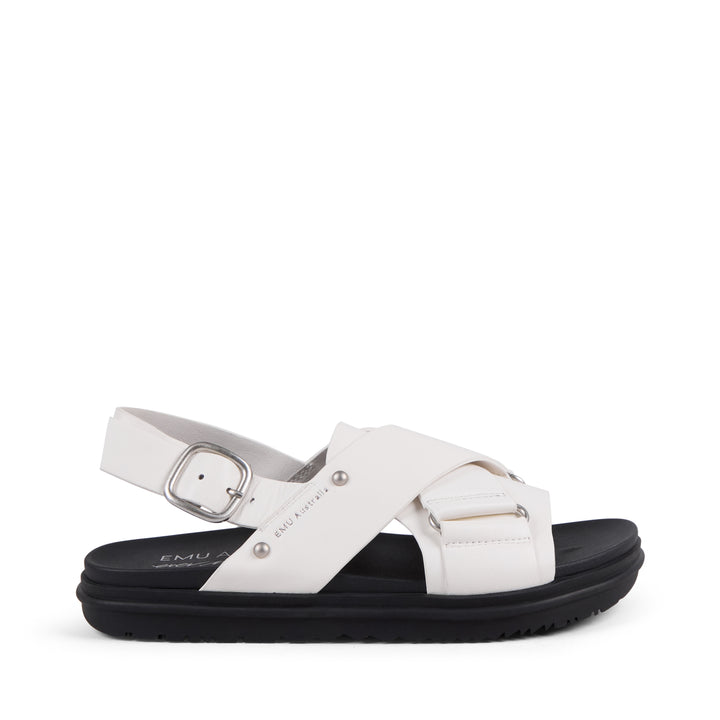 EMU Australia Faye Coconut white leather crossover buckle sandal side view.
