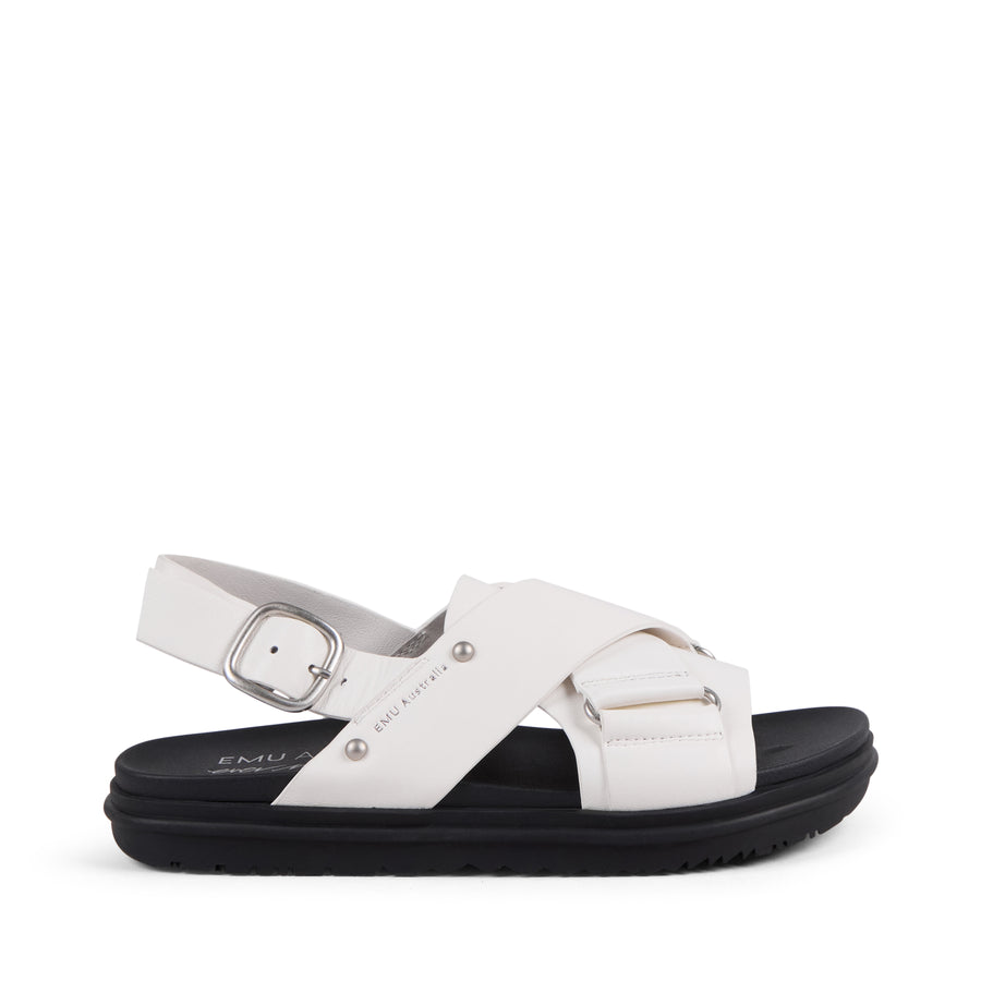 EMU Australia Faye Coconut white leather crossover buckle sandal side view.