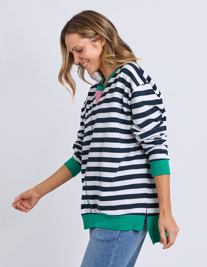 Elm Maps Crew Navy White Stripe side view.